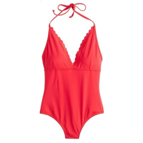 J.Crew Coral Scalloped V Neck One Piece Swimsuit Sz.8 - Picture 1 of 16